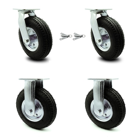 Service Caster 8 Inch Black Pneumatic Wheel Caster Swivel with Swivel Locks and 2 Rigid, 2PK SCC-100S280-PNB-BSL-2-R-2